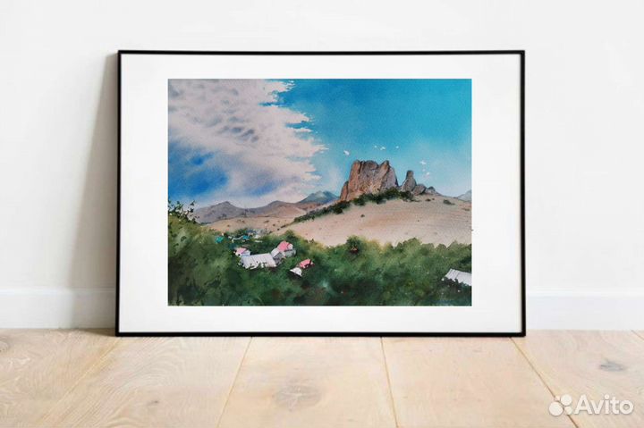 Акварель пейзаж домики под горой