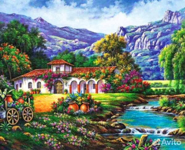 Картина по номерам 40x50 Милый домик у реки среди