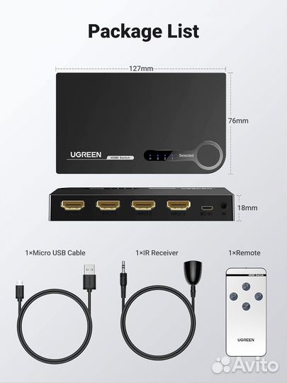 Переключатель hdmi Switcher 3 в 1, черный Ugreen