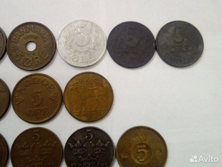 Монеты 5 орэ Дании, Норвегии, Швеции