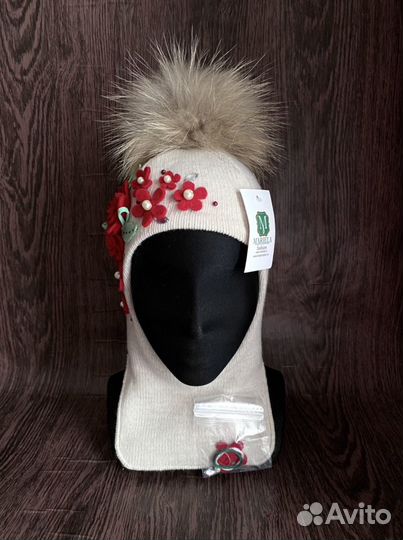 Шапка шлем и варежки руч/роспись натур помпон