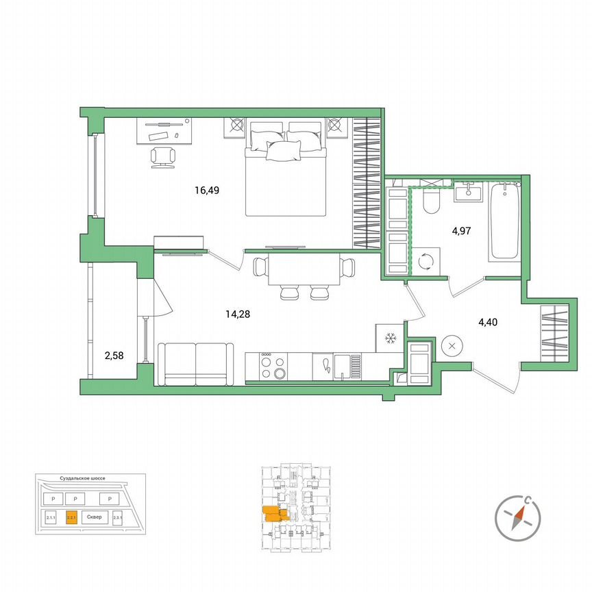 1-к. квартира, 41,4 м², 17/25 эт.