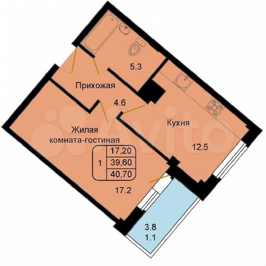 1-к. квартира, 40,7 м², 8/9 эт.