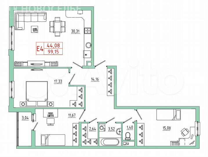 3-к. квартира, 99,2 м², 17/25 эт.