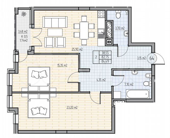 2-к. квартира, 84,7 м², 4/7 эт.