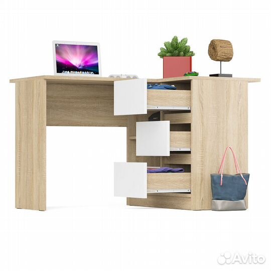 Угловой компьютерный стол Мори мс-16 правый дуб сонома/белый, 124,4х84,9х76,6 см, ящики справа, не у