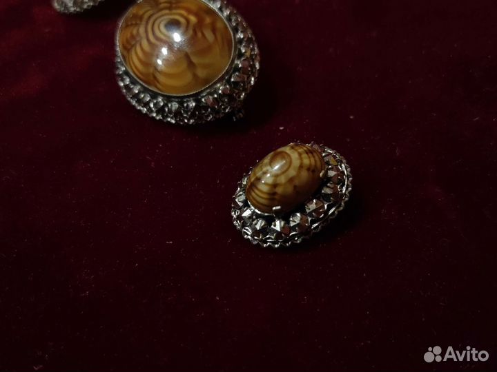 Винтажные брошь и серёжки-клипсы тигровый глаз