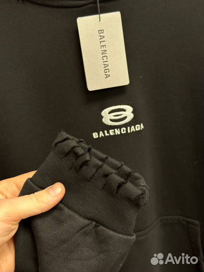 Худи balenciaga no logo черное с эффектом порванно