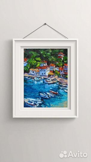 Картина маслом море Черногория лодки дома импасто