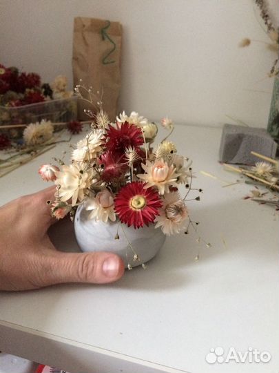 Композиция с сухоцветами в гипсовом кашпо