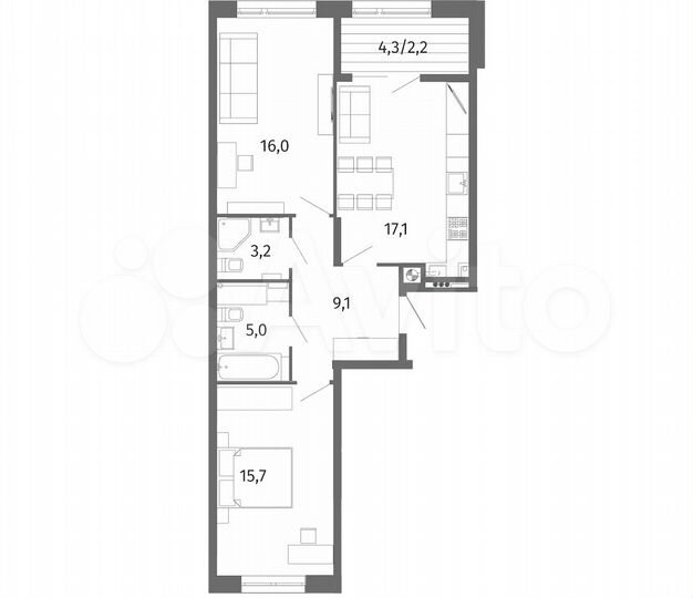 2-к. квартира, 68,3 м², 2/13 эт.