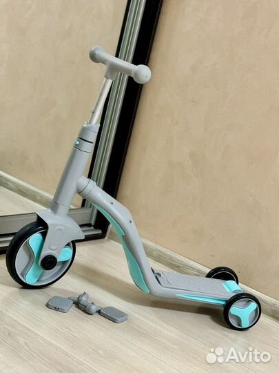 Детский самокат-беговел с музыкой 3в1, серо-синий