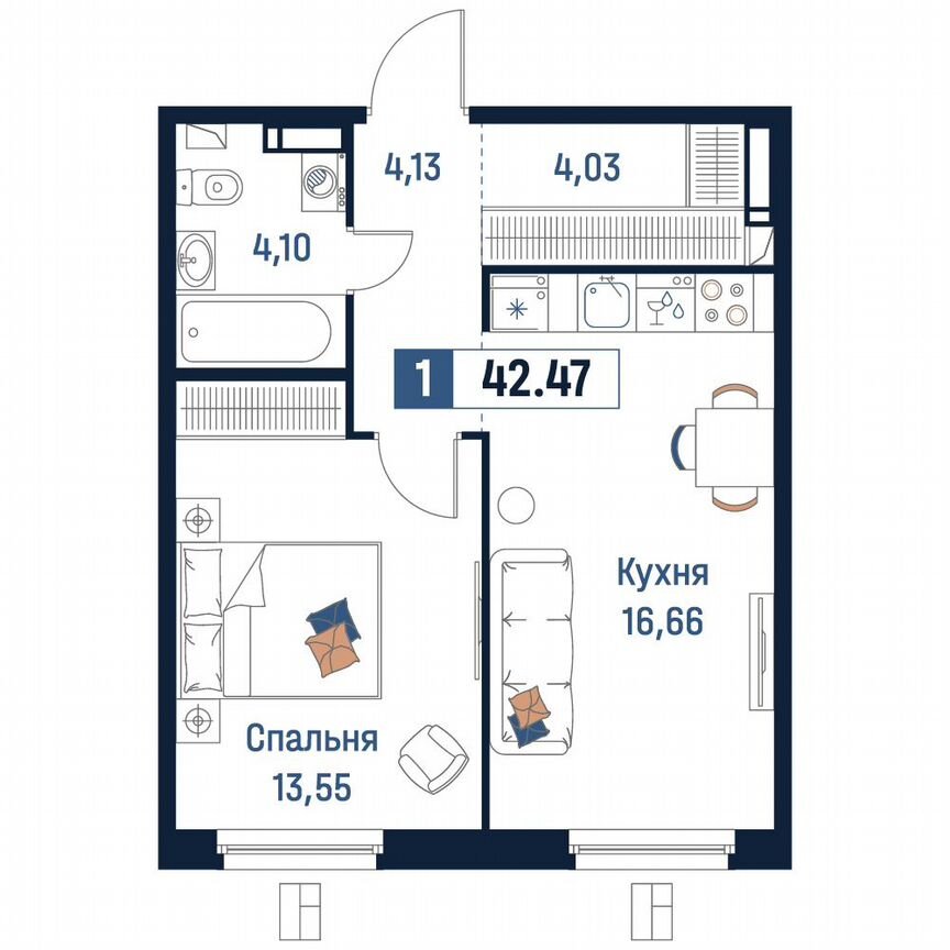 1-к. квартира, 42,5 м², 6/18 эт.