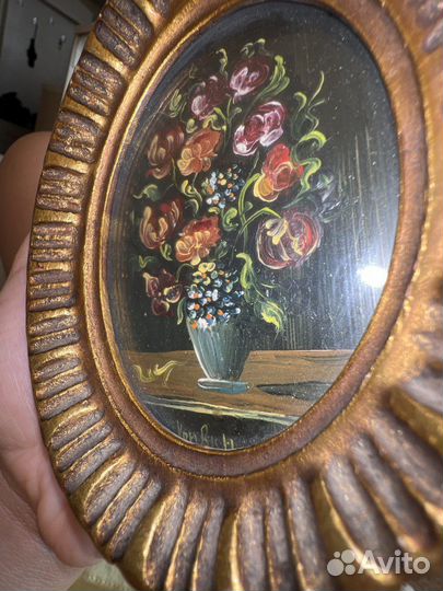 Антикварная миниатюра, масло 19 век