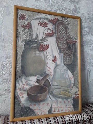 Картина Натюрморт с лаптями в деревянной рамке 42*