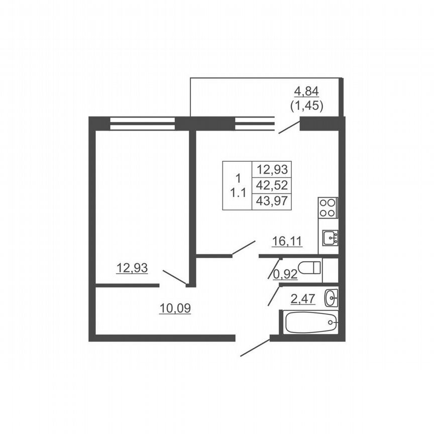 1-к. квартира, 44 м², 11/16 эт.