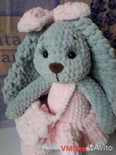 Заяц плюшевый, вязаная игрушка, мягкая игрушка