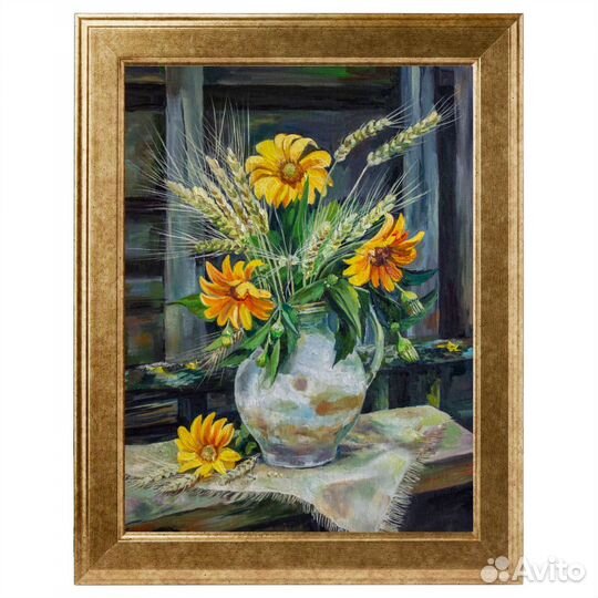 Картина маслом Натюрморт с цветами и пшеницей