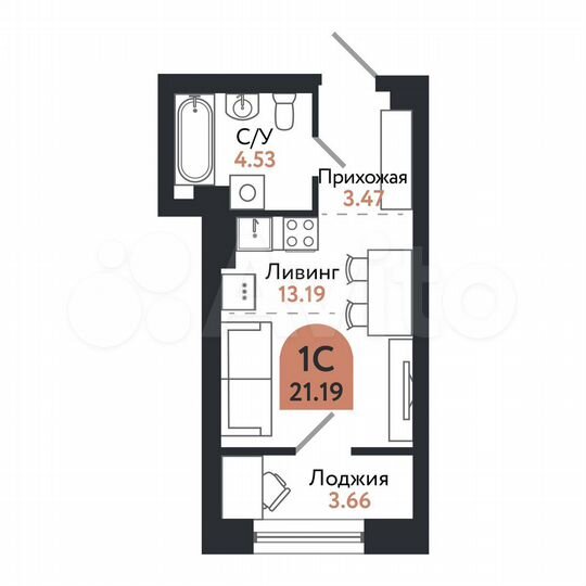 1-к. квартира, 21,2 м², 2/26 эт.