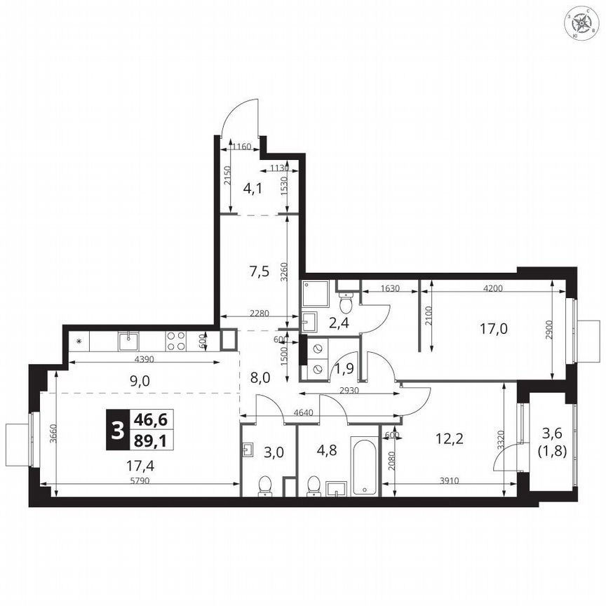 2-к. квартира, 89,3 м², 8/15 эт.