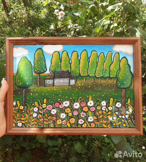 Картина лето акрил пейзаж наив