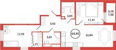 2-к. квартира, 64,5 м², 7/12 эт.