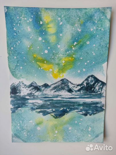 Картины акварель Горы, пейзаж, северное сияние