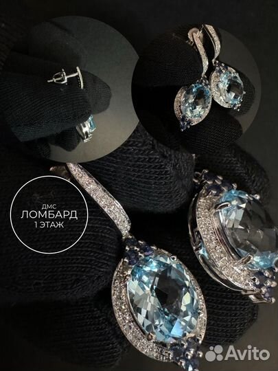Серьги с топазом, сапфипами и бриллиантами
