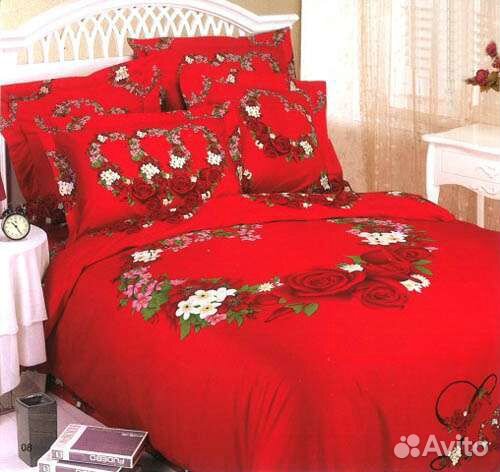 Постельное белье, сатин, евро, красный, сердце