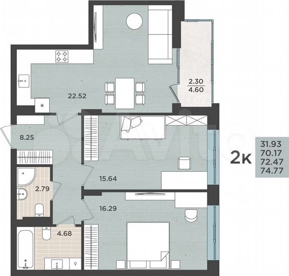 2-к. квартира, 72,5 м², 3/8 эт.
