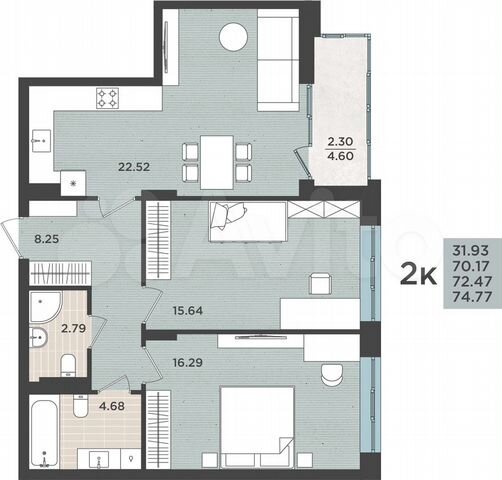 2-к. квартира, 72,5 м², 3/8 эт.
