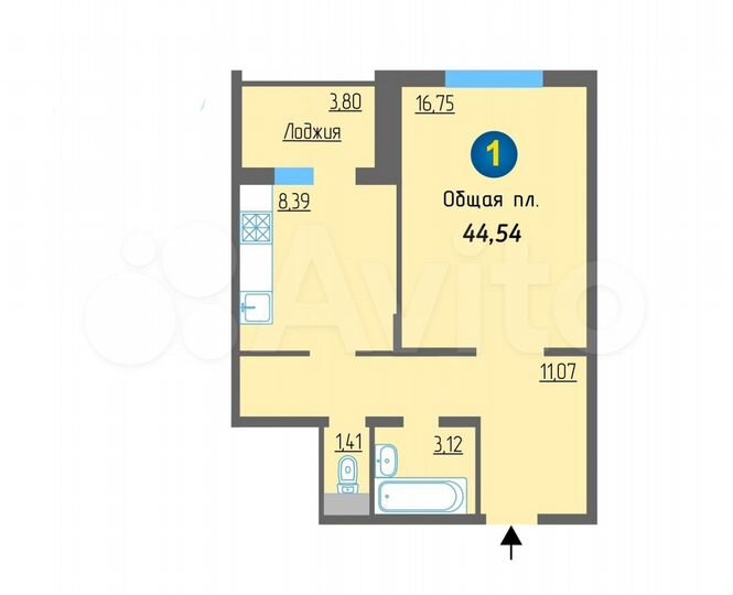 1-к. квартира, 44 м², 6/10 эт.