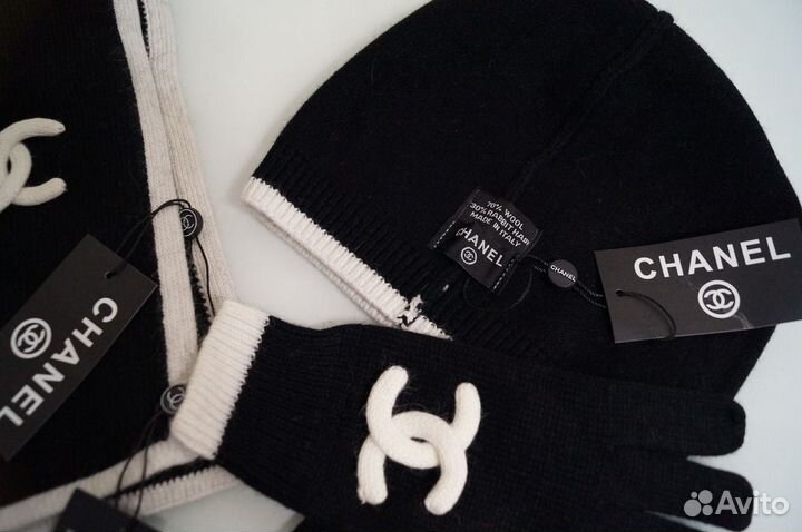 Chanel шапка+шарф+перчатки