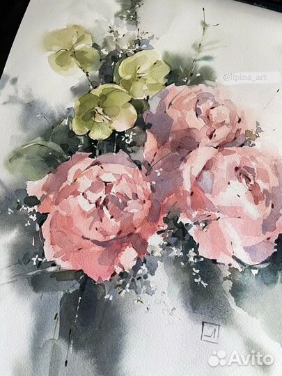 Картина цветы акварелью нежные пионы