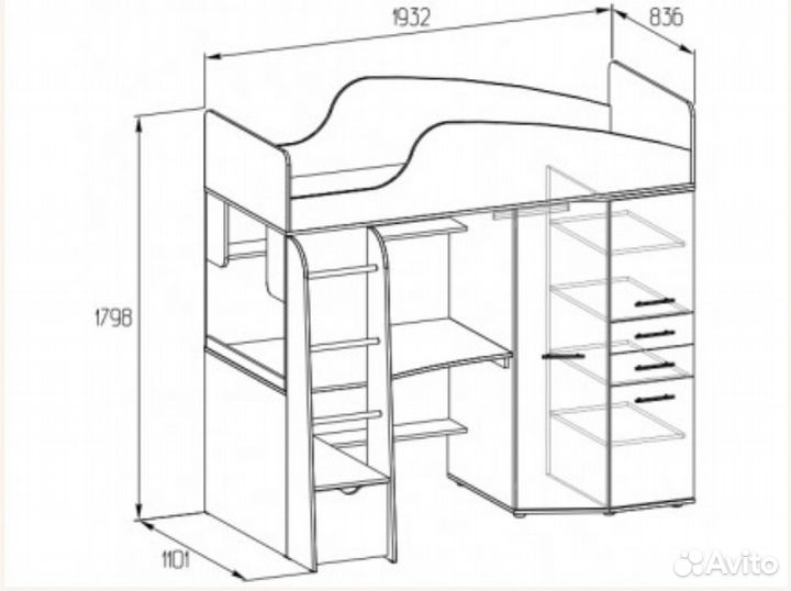 Детская кровать чердак со столом и шкафом