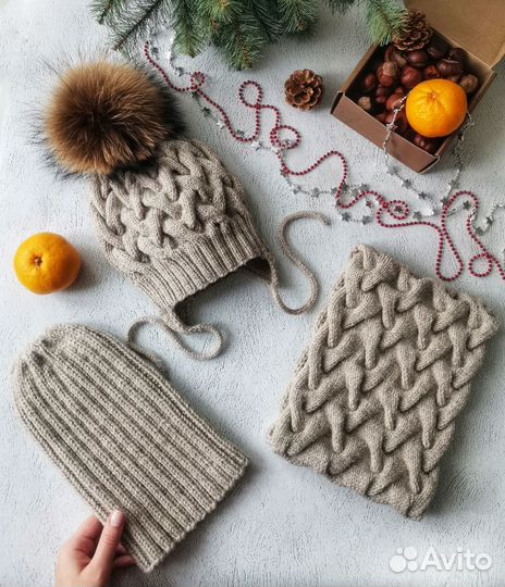 Зимняя шапка с помпоном и снуд, ручная работа