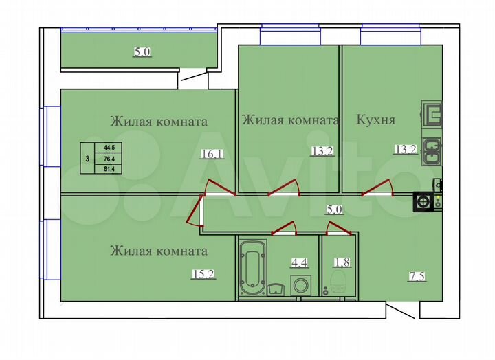 3-к. квартира, 81,4 м², 7/14 эт.