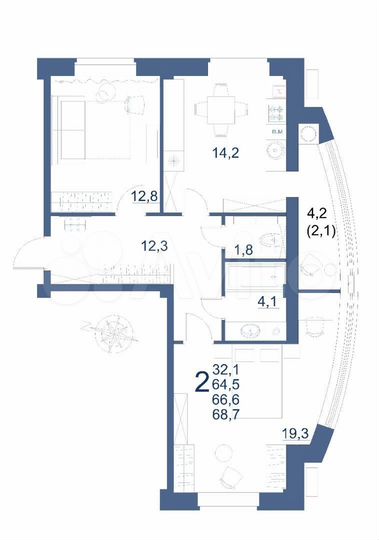 2-к. квартира, 68,7 м², 9/9 эт.