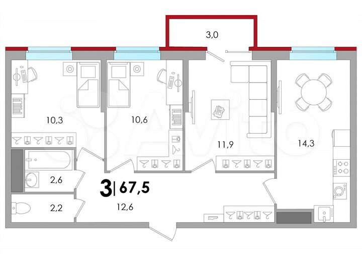 3-к. квартира, 67,5 м², 18/18 эт.