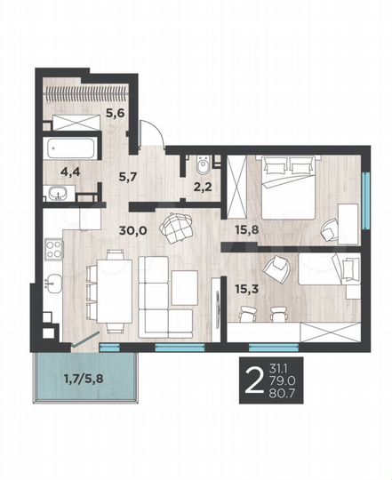 2-к. квартира, 80,7 м², 4/8 эт.
