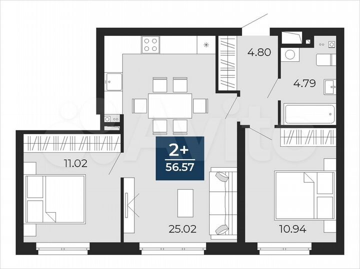 2-к. квартира, 56,6 м², 22/24 эт.