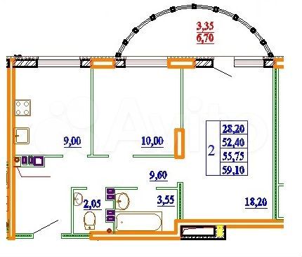 2-к. квартира, 59,1 м², 6/11 эт.