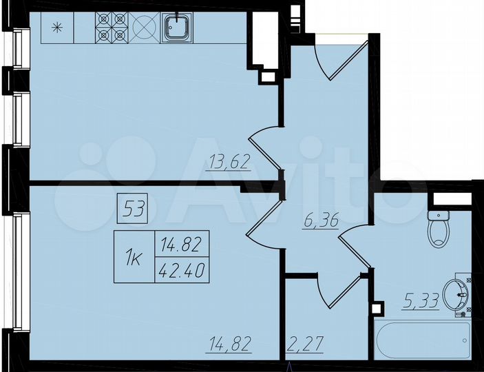 1-к. квартира, 42,4 м², 1/4 эт.