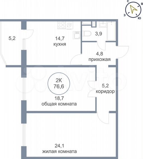 2-к. квартира, 76,6 м², 4/7 эт.