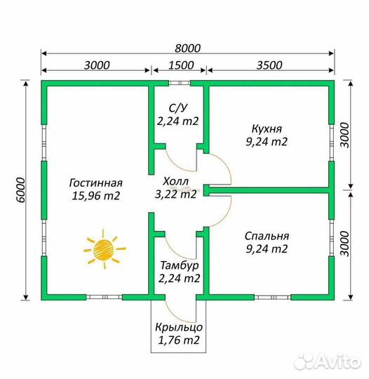 Каркасный дачный домик 6х8