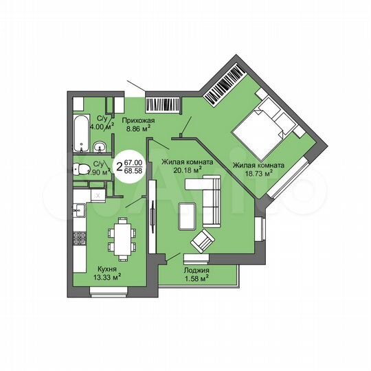 2-к. квартира, 69,3 м², 14/17 эт.