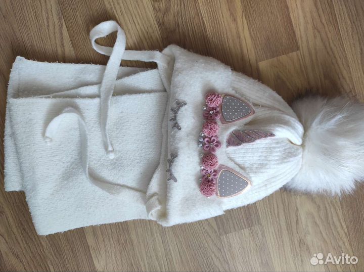 Комплект шапка единорог и снуд для девочки