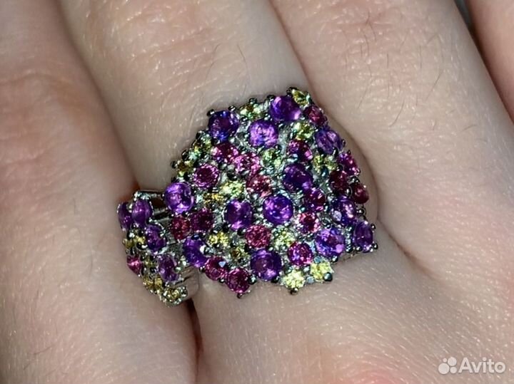 Серебряное кольцо микс гранат аметист сапфир