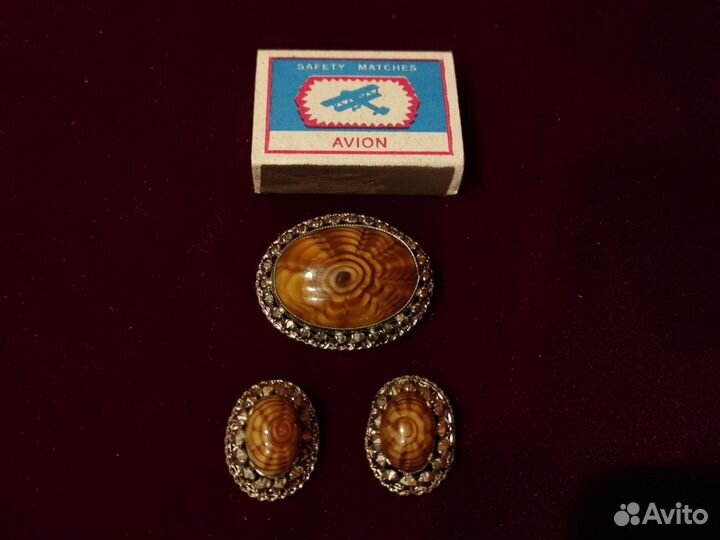 Винтажные брошь и серёжки-клипсы тигровый глаз