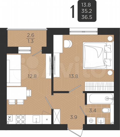 1-к. квартира, 35,2 м², 3/5 эт.